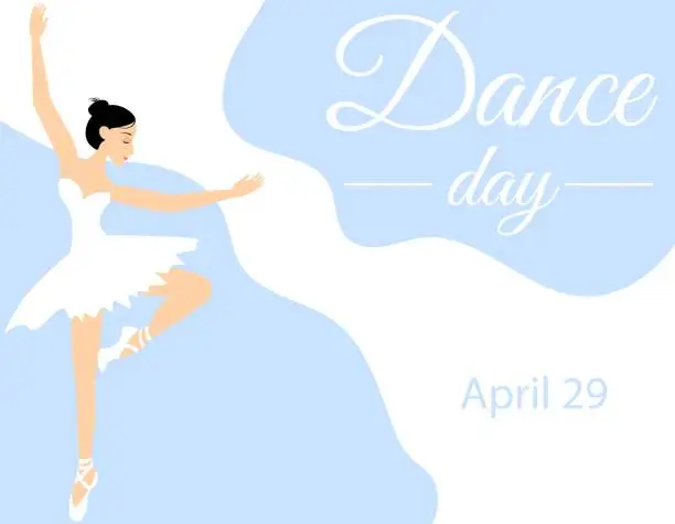 Vector illustration of nternational Dance Day. Young cute ballerina on a light blue background.