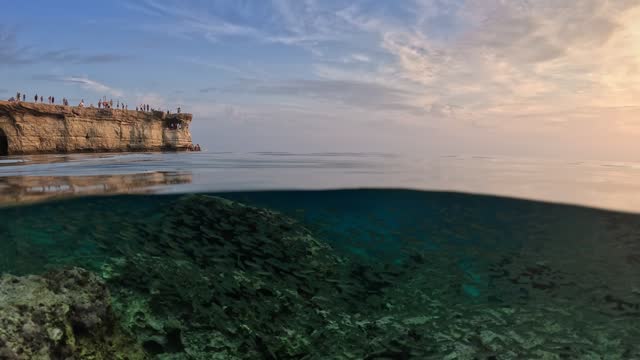 School of fish in Mediterranean Sea on the coast of Cyprus. Half underwater split shot at sunset. Rocks, clear sea and sunset sky - the magnificent nature of Cyprus