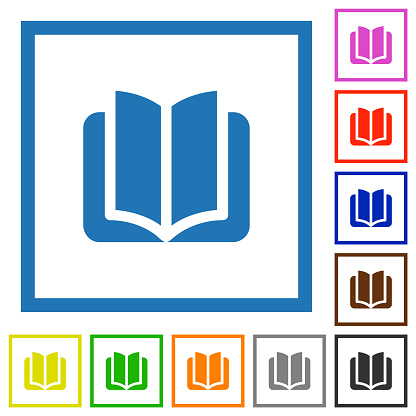 Open book solid flat color icons in square frames on white background