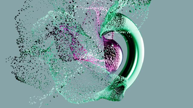 3d animation. Fantastic green torus and purple sphere in the center on lime background disappear. Fantastic background