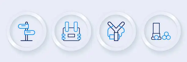 Vector illustration of Set line Cartridges, Slingshot, Bulletproof vest and Road traffic sign icon. Vector