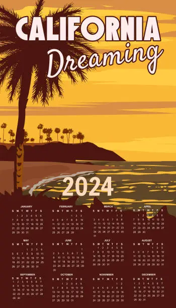 Vector illustration of Calendar 2024 California Dreaming retro travel wall poster