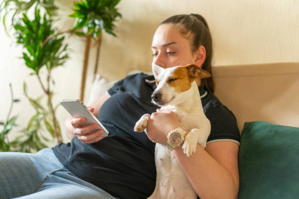 istock Young woman is looking at her phone while holding her dog 2002878006