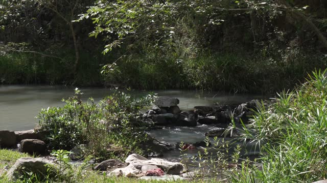 A dam built with stones and plastic sacks in the water flow of a stream in Honduras.