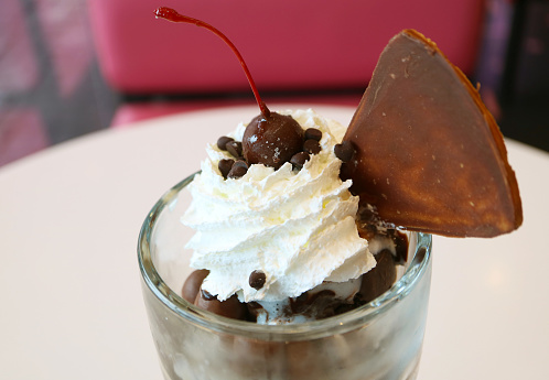 Closeup of Chocolate Coated Maraschino Cherry Topped on Ice Cream Sundae Whipped Cream