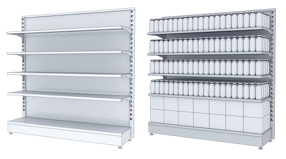 Supermarket racks mockup with blank products and empty shelves. 3d illustration set isolated on white