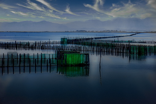 Traditional barrier fishing traps at Tourlida area of the famous sea lagoon of Missolonghi, Greece