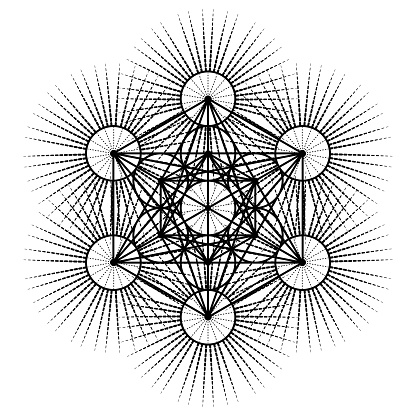 Metatrons Cube, Flower of Life. Sacred geometry, graphic element Vector isolated Illustration. Mystic icon platonic solids, black abstract geometric drawing, typical crop circles, white background