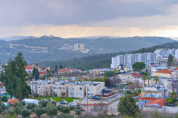 Asphalt road on Mount of Olives in Jerusalem. Panoramic view of old city Jerusalem, Israel