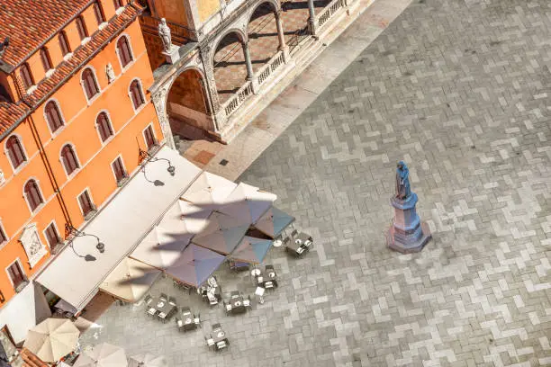 view from torre di Lamberti to the market square with statue of Dante Alighieri, Verona, Italy