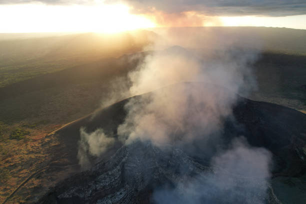 Gas fly from masaya volcano crater in Nicaragua landscape aerial drone view