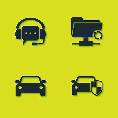 Set Headphones with speech bubble, Car protection or insurance, and FTP sync refresh icon. Vector.