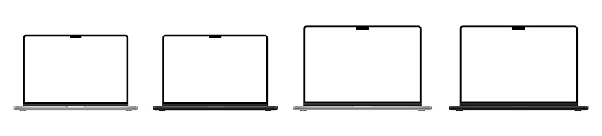 New Apple MacBook Pro and Pro Max Silver and Space Gray. Laptop Apple Macbook Pro 2023 2024, devices template mockups isolated