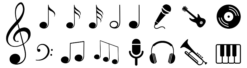 Music notes set icons, collection musical notes signs, musical clef, microphone, headphones, guitar - vector