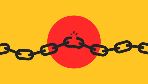 broken or unleashed black chain like freedom icon broken or unleashed black chain like freedom icon. concept of lost control sign or system vulnerability or security risk. flat simple trend modern big damage design web element isolated on yellow addiction stock illustrations