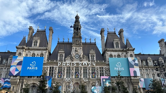 Paris, France - 31 December 2023 - Hotel de Ville  building Courtyard of the City Hall view Paris olympic games 2024