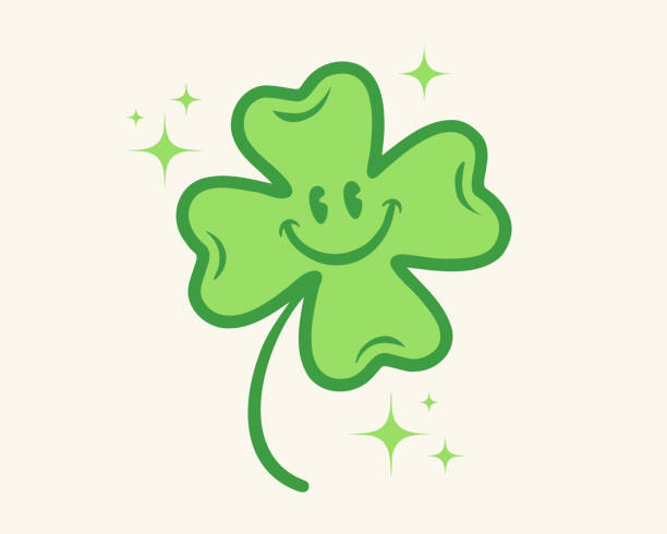 Vector four leaf lucky clover for st. Patrick's day in groovy style. Retro cartoon of lucky clover for Patricks day.