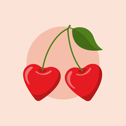 Two red cherries in heart shape on peach background, square vector illustration for Valentines day, wedding, greeting cards,prints