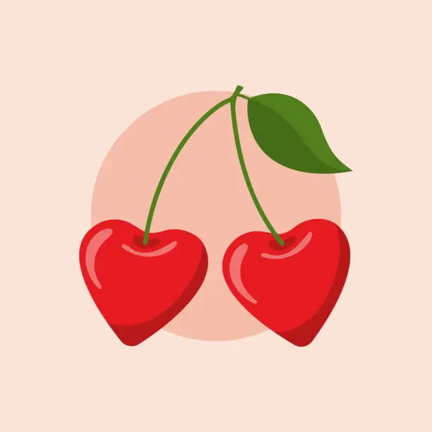 Vector illustration of Heart-shaped cherries on peach background,square vector illustartion