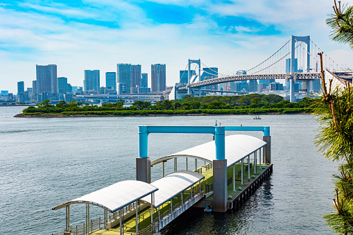 Japan. Odaiba is a large artificial island in Tokyo Bay. The island is connected by the Rainbow Bridge to the center of Tokyo.