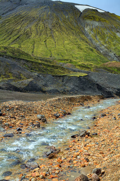 Landmannalaugar. Rhyolite mountains, remains of last year's snow and streams changing their courses. Amazing Iceland - dream for tourists and photographers.