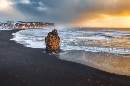 View of Reynisfjara, a famous black sand beach in the South Coast of Iceland.