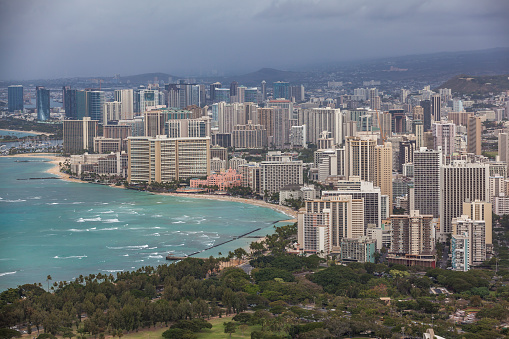 aerial view on waikiki beach in honolulu city on oahu island, hawaii islands, usa.