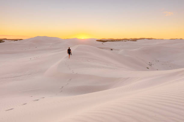 istock Young backpacker hiking through arid desert landscape scene with white sand dunes against a golden sky 2003013145