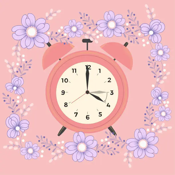 Vector illustration of Pink clock with fowers frame on a pink background