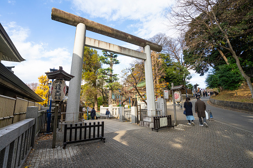 Tokyo, Japan. January 2024.  Exterior view of the Torii gates at the Gojoten Shrine Shinto temple at Ueno Park in the city center