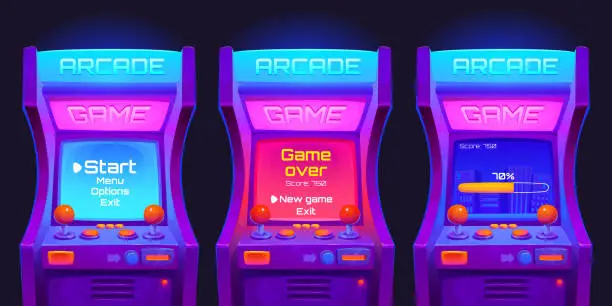 Vector illustration of Retro arcade video game machine with neon lights