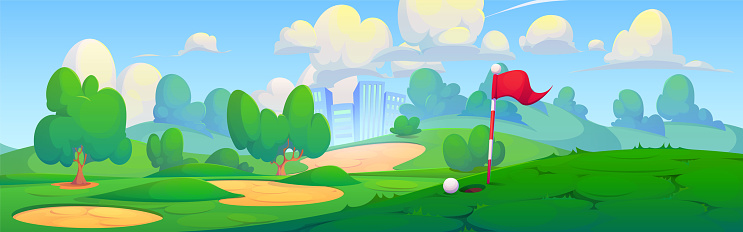 Sunny golf course against cityscape background. Vector cartoon illustration of field landscape with flag and ball near hole, green trees and grass, urban buildings, clouds in blue sky, sports activity