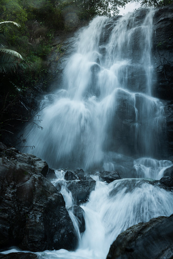Beautiful long exposure shot of waterfall with forest view, Kannur Kappimala waterfall image, Kerala landscape scenery