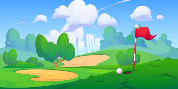 Vector illustration of Golf field with hole, pin flag, and ball.