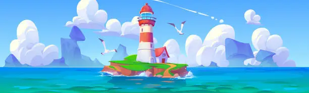 Vector illustration of Lighthouse on island in sea vector landscape scene