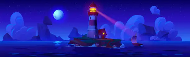 Vector illustration of Lighthouse on night rocky island in sea