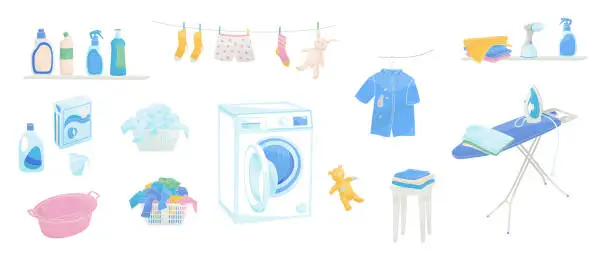 Vector illustration of set elements about laundry and ironing at home, washing machine, dirty laundry basket, ironing board, iron, detergents, clothes