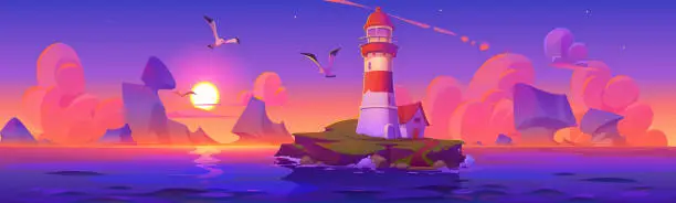 Vector illustration of Lighthouse on island in ocean or sea during sunset