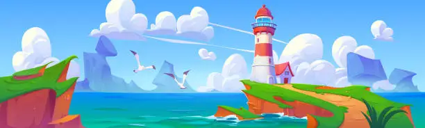 Vector illustration of Lighthouse on rocky island in sea