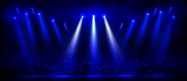 Blue spotlight illumination on stage Blue spotlight illumination on stage. Vector realistic illustration of bright lamps shining, sparkling particles shimmering on floor and in air during theater performance, music concert, circus show scenery video stock illustrations