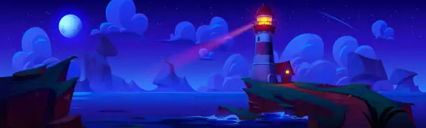 Vector illustration of Lighthouse on island at night vector landscape