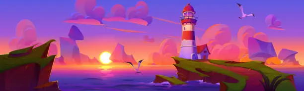 Vector illustration of Lighthouse on rocky sea coast during sunset