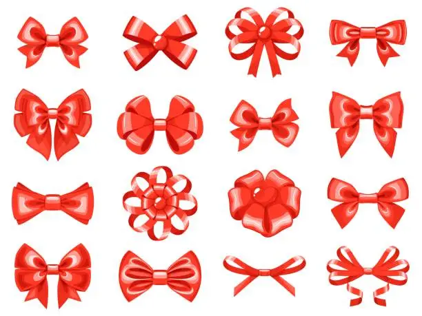 Vector illustration of Red ribbons and bowknots. Holiday decorative wrapper elements, gift packing objects, celebration and congratulation, satin bows, valentine, birthday and wedding packaging, vector set