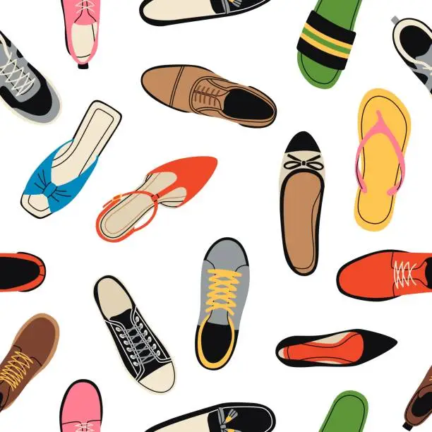 Vector illustration of Female and male shoes seamless pattern. Different types of modern footwear, boots, sneakers, pumps, flip flops. Decor textile, wrapping paper, wallpaper design. Tidy vector background