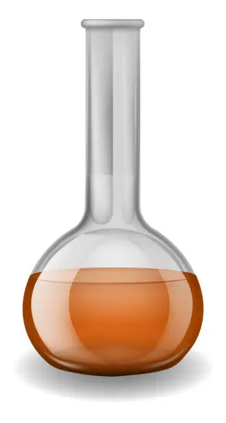 Vector illustration of Chemical laboratory glassware. Transparent bottle with orange liquid. Realistic isolated element. Glass flask for medical or pharmaceutical lab. Chemistry equipment vector illustration