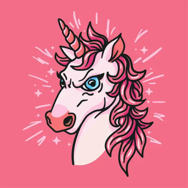 Vector illustration of A cartoon unicorn illustration for a cute and trendy t shirt design. The angry but adorable character with a horn, stars, and a magical touch. Perfect for kids Not AI.