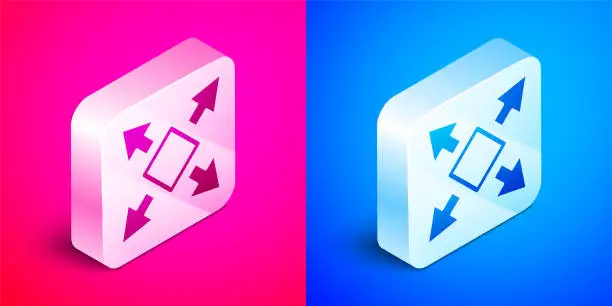 Vector illustration of Isometric Many ways directional arrow icon isolated on pink and blue background. Silver square button. Vector