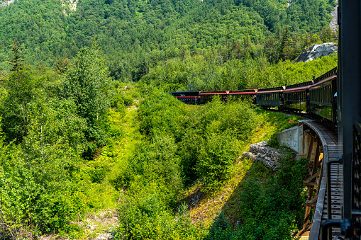 Alaska, USA - July 30, 2023: White Pass Summit excursion tour train, Alaska, USA.