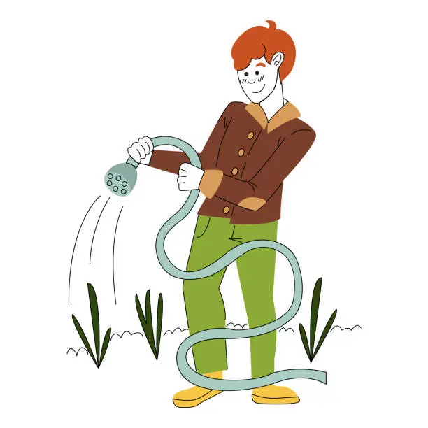 Vector illustration of A man watering plants with a hose, spring work in the garden.
