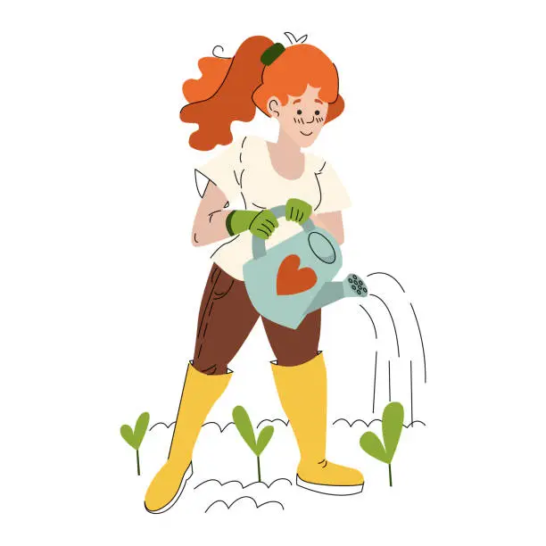 Vector illustration of A girl waters sprouts in a field from a watering can, spring work in the garden.